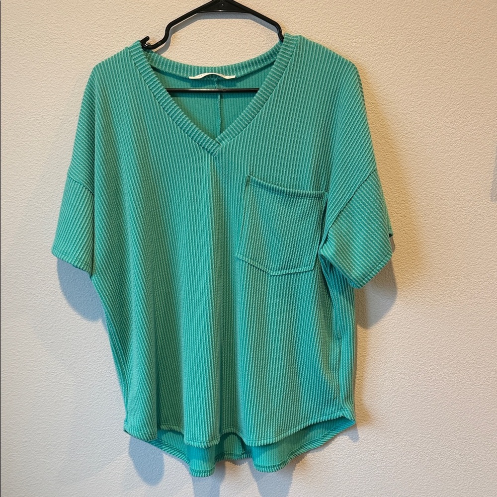 Altar'd State Teal Ribbed V-Neck Tee